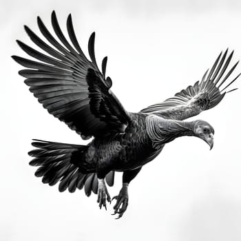 Black and white turkey in flight with wings spread. Turkey as the main dish of thanksgiving for the harvest, picture on a white isolated background. An atmosphere of joy and celebration.