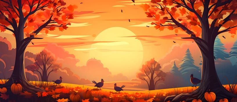 Sunset, falling autumn leaves and birds, banner with space for your own content. Dark background. Blank space for caption.