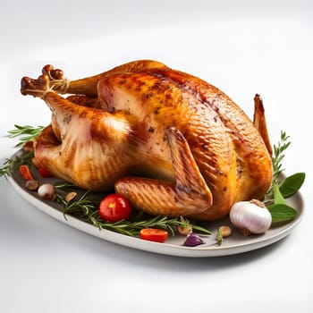 Roast turkey on a plate decorated with tomatoes vegetables, garlic. Turkey as the main dish of thanksgiving for the harvest, picture on a white isolated background. An atmosphere of joy and celebration.