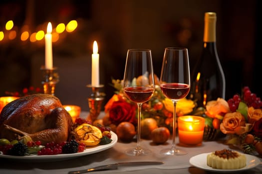 Elegant food, roast turkeys, wine glasses, candles and vegetables and fruits. Turkey as the main dish of thanksgiving for the harvest. An atmosphere of joy and celebration.