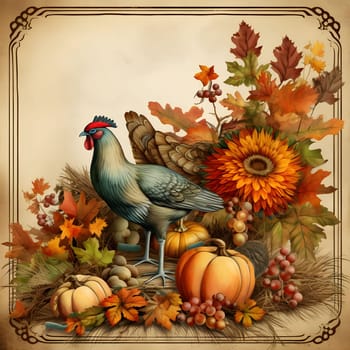 Old engraving with turkey around flowers, leaves pumpkins grapes. Turkey as the main dish of thanksgiving for the harvest. An atmosphere of joy and celebration.