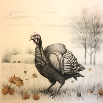 Black and White illustration, drawing, turkey in a field, around a tree, valley. Turkey as the main dish of thanksgiving for the harvest, picture on a white isolated background. An atmosphere of joy and celebration.