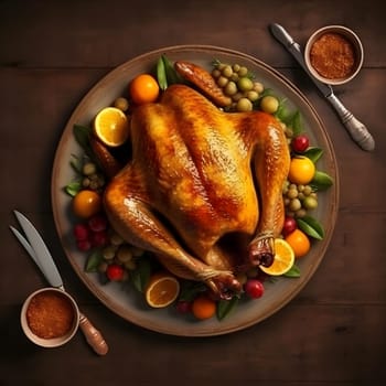 Top view of a plate of roast turkey, decorated with lemons, vegetables, fruits. Turkey as the main dish of thanksgiving for the harvest. An atmosphere of joy and celebration.