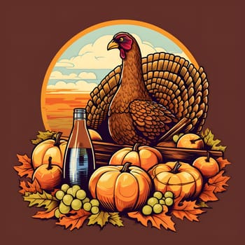 Illustration, logo, graphic; turkey pumpkins, leaves and grapes. Turkey as the main dish of thanksgiving for the harvest. An atmosphere of joy and celebration.
