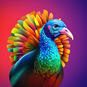 Colorful turkey on a colorful background. Turkey as the main dish of thanksgiving for the harvest. An atmosphere of joy and celebration.
