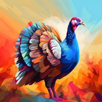 Colorful and turkey with geometric watercolor figures. Turkey as the main dish of thanksgiving for the harvest. An atmosphere of joy and celebration.