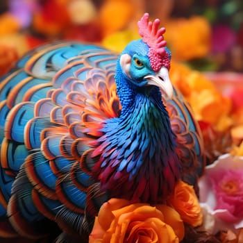 Colorful turkey sits on flowers, smudged background. Turkey as the main dish of thanksgiving for the harvest. An atmosphere of joy and celebration.