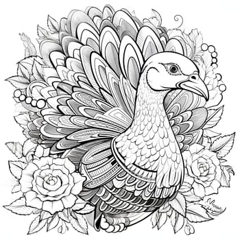 Coloring book turkey head with plumage, decorated with roses. Turkey as the main dish of thanksgiving for the harvest. An atmosphere of joy and celebration.