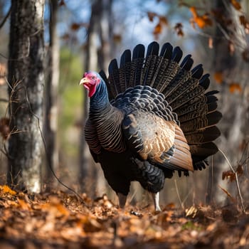 Big turkey in the woods. Turkey as the main dish of thanksgiving for the harvest. An atmosphere of joy and celebration.