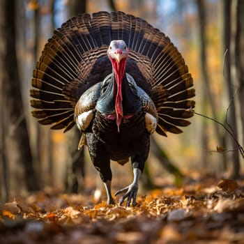 Big turkey in the woods. Turkey as the main dish of thanksgiving for the harvest. An atmosphere of joy and celebration.