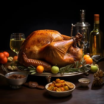 Roast turkey on a plate decorated with rosemary vegetables, fruits around wine. Dark background. Turkey as the main dish of thanksgiving for the harvest. An atmosphere of joy and celebration.