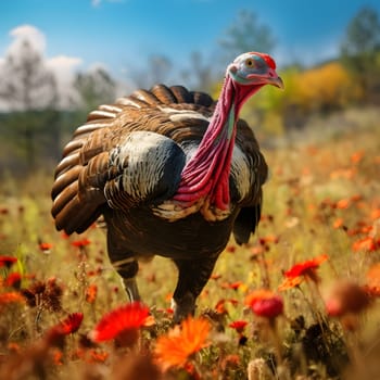 3D turkey in a flower meadow, blurred background, portrait. Turkey as the main dish of thanksgiving for the harvest. An atmosphere of joy and celebration.