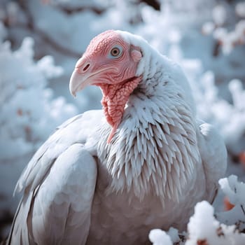 White turkey in a winter-snowy setting. Turkey as the main dish of thanksgiving for the harvest. An atmosphere of joy and celebration.