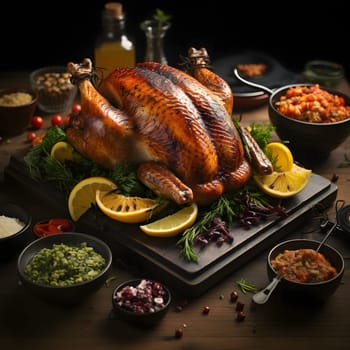 Lying on the kitchen board roast turkey decorated with lemon spices, vegetables. Turkey as the main dish of thanksgiving for the harvest. An atmosphere of joy and celebration.