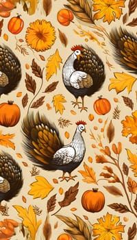Elegant and modern. Chickens, turkeys, pumpkins, leaves as abstract background, wallpaper, banner, texture design with pattern - vector. Light colors.