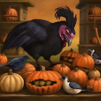 A big, Black, ominous turkey with pigeons and pumpkins all around. Turkey as the main dish of thanksgiving for the harvest. An atmosphere of joy and celebration.