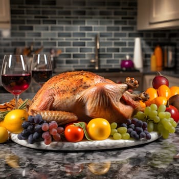 Kitchen tray with roasted turkey, pumpkins and oranges around wine in the background kitchen. Turkey as the main dish of thanksgiving for the harvest. An atmosphere of joy and celebration.