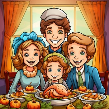 A cartoon illustration of a smiling family at a Thanksgiving feast with turkey. Turkey as the main dish of thanksgiving for the harvest. An atmosphere of joy and celebration.