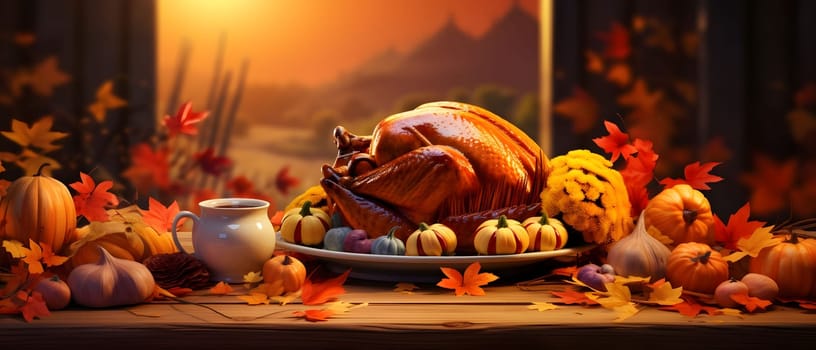 On a wooden tabletop roast Turkey decorations of autumn leaves pumpkins garlic., banner with space for your own content. Dark background. Blank space for caption.