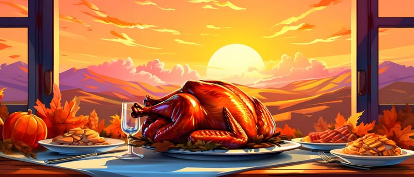 Wooden top and on it roast turkey, pumpkins, in the background view of mountain ranges clouds sunset., banner with space for your own content. Dark background. Blank space for caption.