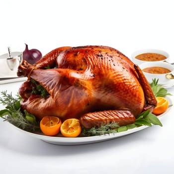 Roast turkey on a plate decorated with tomatoes vegetables, garlic. Turkey as the main dish of thanksgiving for the harvest, picture on a white isolated background. An atmosphere of joy and celebration.