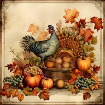 Old engraving picture showing turkey hen grapes pumpkin leaves. Turkey as the main dish of thanksgiving for the harvest. An atmosphere of joy and celebration.