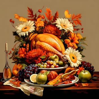 Illustration of a pile of food, Roasted Turkey grapes, limes, flowers. Turkey as the main dish of thanksgiving for the harvest. An atmosphere of joy and celebration.