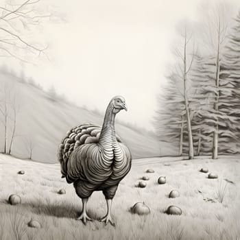 Black and White illustration, drawing, turkey in a field, around a tree, valley. Turkey as the main dish of thanksgiving for the harvest, picture on a white isolated background. An atmosphere of joy and celebration.