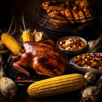 Close-up photo on roast turkey at decorated with vegetables, fruits, corn. Turkey as the main dish of thanksgiving for the harvest. An atmosphere of joy and celebration.