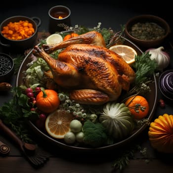 Close-up photo on roast turkey at decorated with vegetables, fruits. Turkey as the main dish of thanksgiving for the harvest. An atmosphere of joy and celebration.