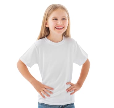 Smiling little girl in a white blank t-shirt isolated on a white background