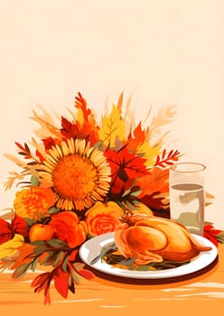 Illustration of beautiful autumn flowers and leaves plate with turkey, glass of water. Turkey as the main dish of thanksgiving for the harvest. An atmosphere of joy and celebration.