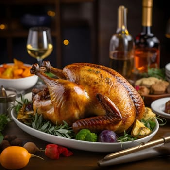 Roast turkey on the table decorated with vegetables, fruits in the background, glasses, wine and bottles. Turkey as the main dish of thanksgiving for the harvest. An atmosphere of joy and celebration.