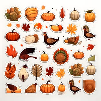 Thanksgiving sticker set pumpkins turkeys leaves autumn chickens. Turkey as the main dish of thanksgiving for the harvest, picture on a white isolated background. An atmosphere of joy and celebration.