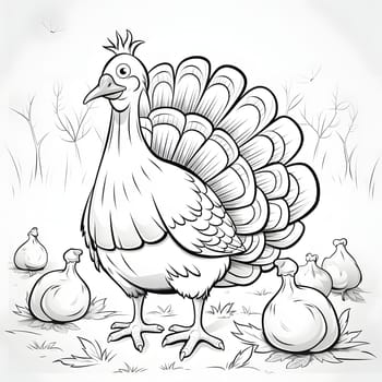 Black and White coloring book, funny turkey. Turkey as the main dish of thanksgiving for the harvest, picture on a white isolated background. An atmosphere of joy and celebration.