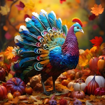 Colorful turkey sits on flowers, smudged background. Turkey as the main dish of thanksgiving for the harvest. An atmosphere of joy and celebration.