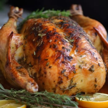 Roasted grilled turkey chicken, close-up photo. Turkey as the main dish of thanksgiving for the harvest. An atmosphere of joy and celebration.