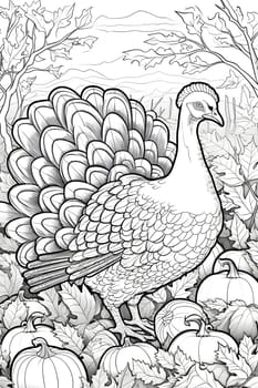 Black and White coloring book turkey on southern tree leaves autumn. Turkey as the main dish of thanksgiving for the harvest, picture on a white isolated background. An atmosphere of joy and celebration.