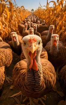 Close-up photo of a flock of turkeys running through a cornfield. Turkey as the main dish of thanksgiving for the harvest. An atmosphere of joy and celebration.