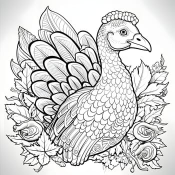 Black and white turkey coloring book. Turkey as the main dish of thanksgiving for the harvest. An atmosphere of joy and celebration.