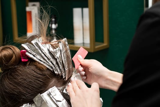 Beauty sphere. Hair coloring in a beauty salon. A master hairdresser-colorist dyes a client's brown hair blond. Apply lightening powder to hair and wrap hair in foil. Close-up. Business concept.