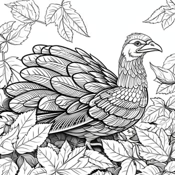 Coloring book. Black and white turkey surrounded by leaves. Turkey as the main dish of thanksgiving for the harvest. An atmosphere of joy and celebration.