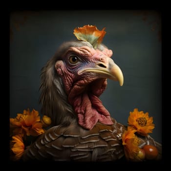 A close-up photo of a turkey head. Turkey as the main dish of thanksgiving for the harvest. An atmosphere of joy and celebration.