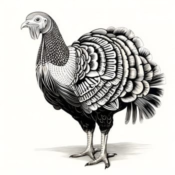 Black and white turkey engraving. Turkey as the main dish of thanksgiving for the harvest, picture on a white isolated background. An atmosphere of joy and celebration.