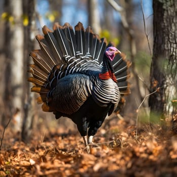 Big turkey in the woods. Turkey as the main dish of thanksgiving for the harvest. An atmosphere of joy and celebration.