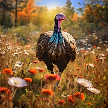 A turkey running in a clearing of flowers. Turkey as the main dish of thanksgiving for the harvest. An atmosphere of joy and celebration.