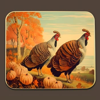 Ancient engraving of two turkeys pumpkins autumn tree. Turkey as the main dish of thanksgiving for the harvest. An atmosphere of joy and celebration.