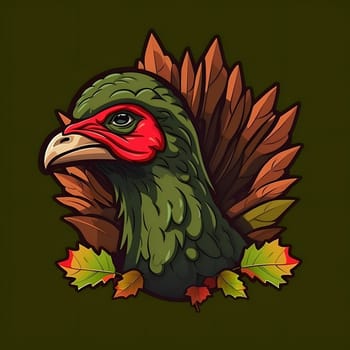 Logo sticker green turkey head on dark isolated background. Turkey as the main dish of thanksgiving for the harvest. An atmosphere of joy and celebration.