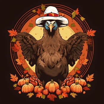 Logo, graphic, illustration of a turkey with raised wings wearing a cowboy hat in a circle, around pumpkin leaves. Turkey as the main dish of thanksgiving for the harvest. An atmosphere of joy and celebration.