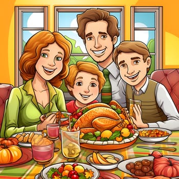 A cartoon illustration of a smiling family at a Thanksgiving feast with turkey. Turkey as the main dish of thanksgiving for the harvest. An atmosphere of joy and celebration.